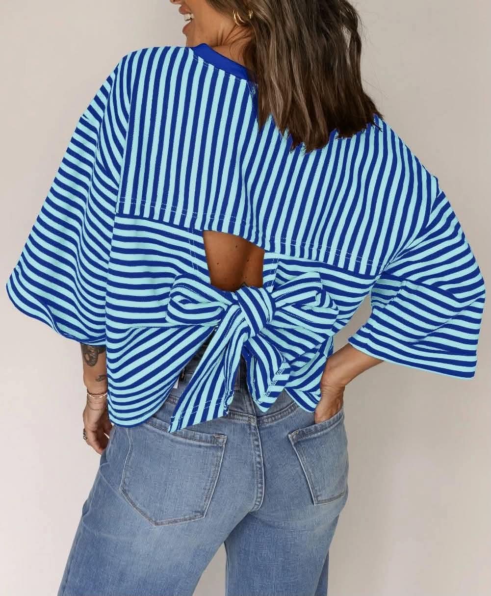 Women's Striped Tie Back Short Sleeve Top