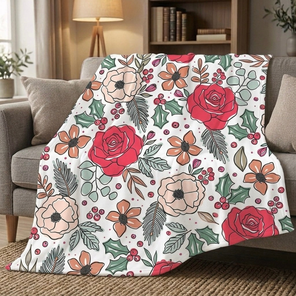 Pastel Red Yellow Floral Fleece Blanket