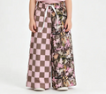 Pink Checked Leaves Flare Pants W/ Pockets