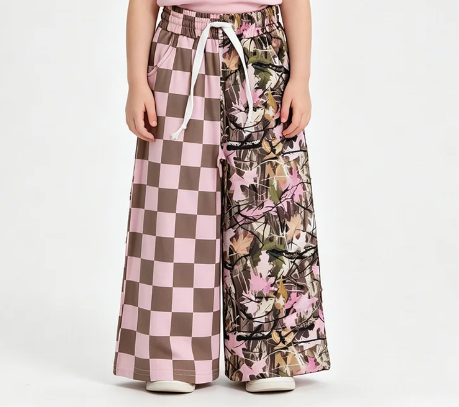 Pink Checked Leaves Flare Pants W/ Pockets