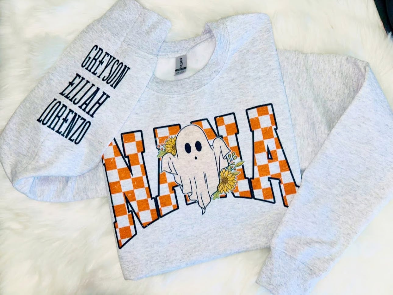 Custom Name Sunflower Ghost Orange Checkered Crewneck