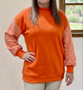 Gingham Sleeve Mock Neck Sweatshirt - Orange