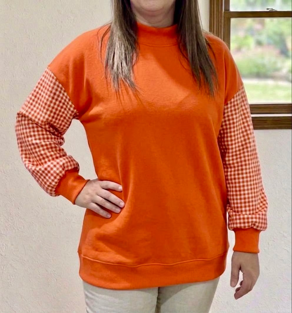 Gingham Sleeve Mock Neck Sweatshirt - Orange