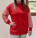 Gingham Sleeve Mock Neck Sweatshirt - Red