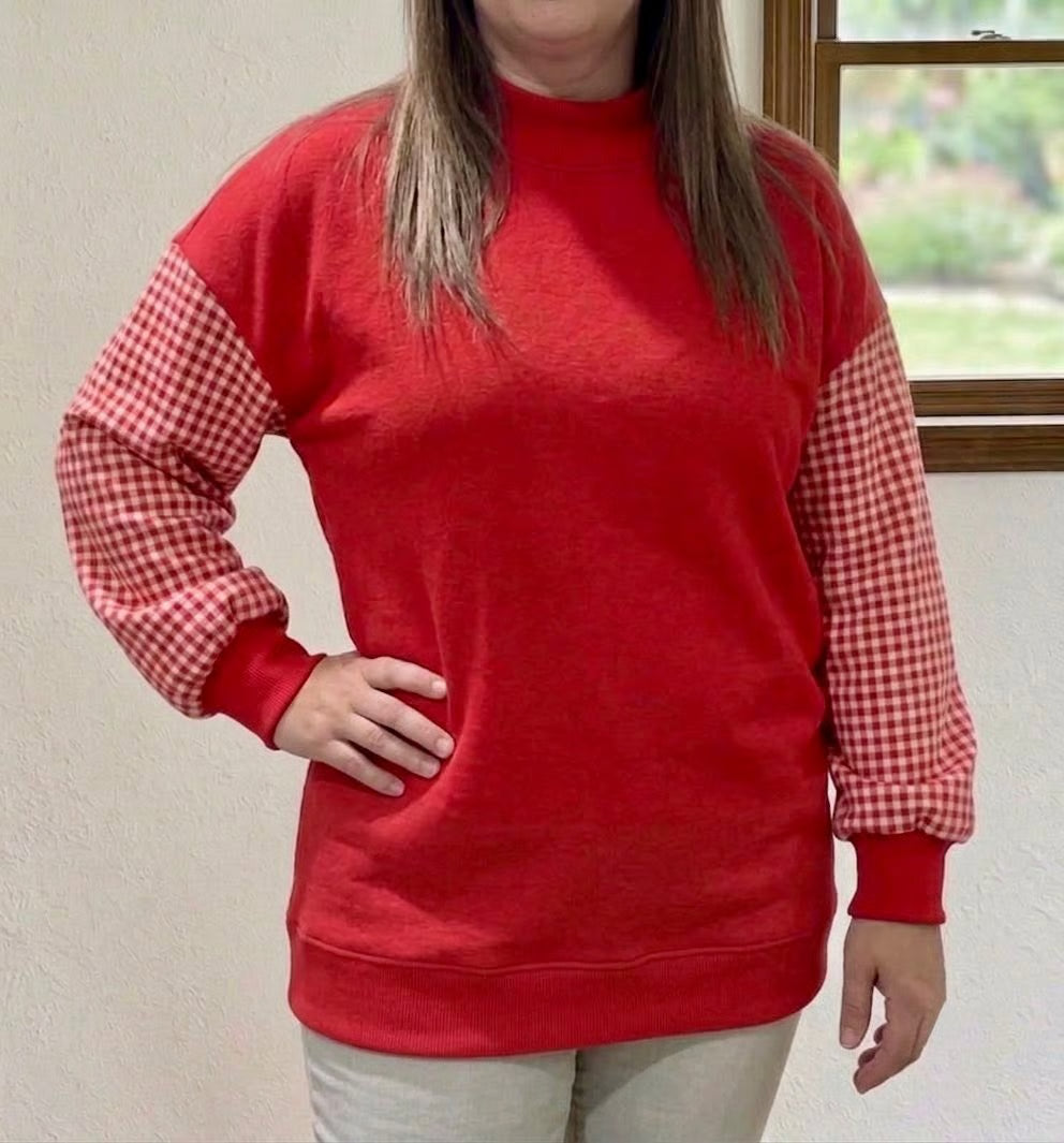 Gingham Sleeve Mock Neck Sweatshirt - Red